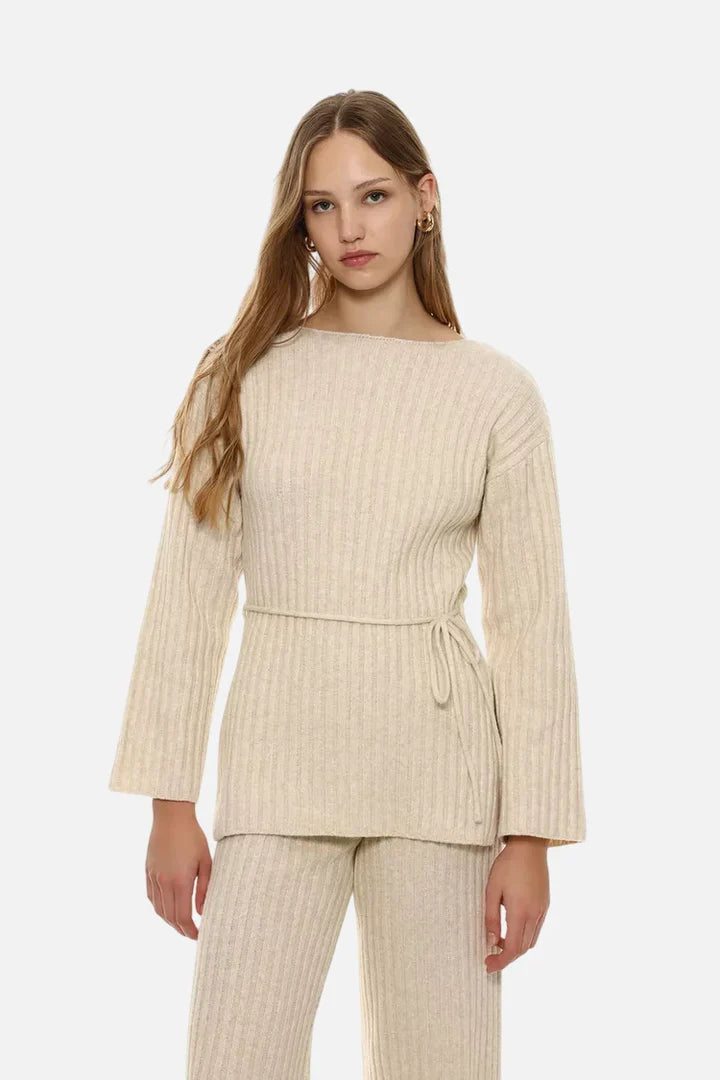 Long belted sweater